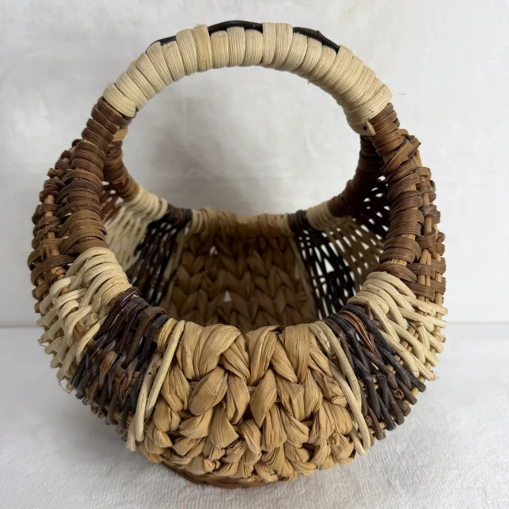 Handmade Tricolor Woven Wicker Basket with Handle Rustic Brown Tan Decor